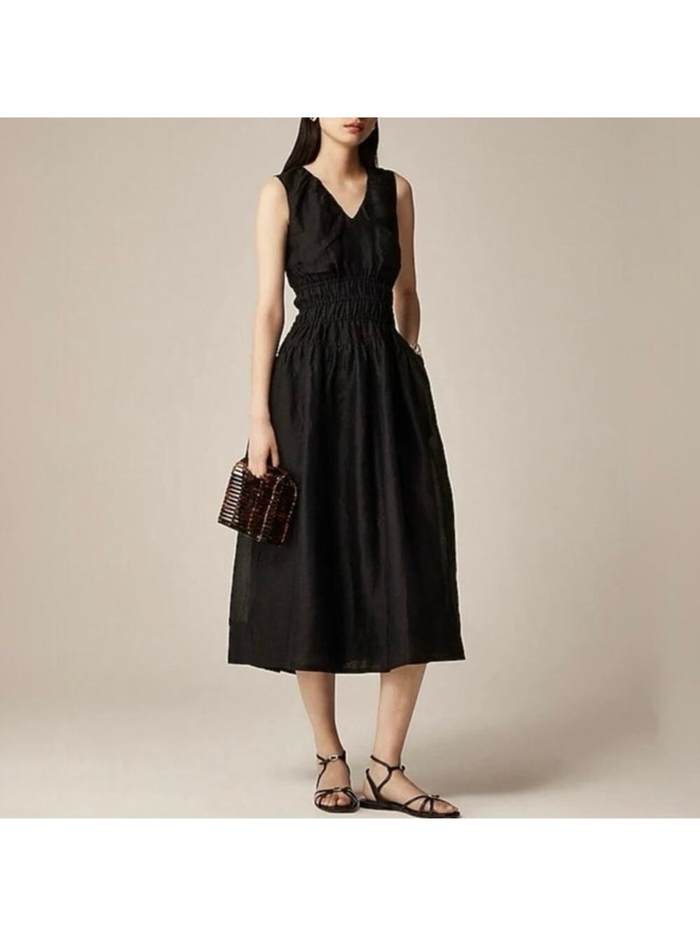 NWT J.Crew V-Neck Hyacinth Dress In 100% Ramie Midi Lined In Black Size Medium